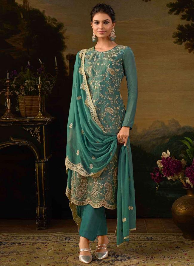 Silk Teal Party Wear Embroidery Work Straight Suit